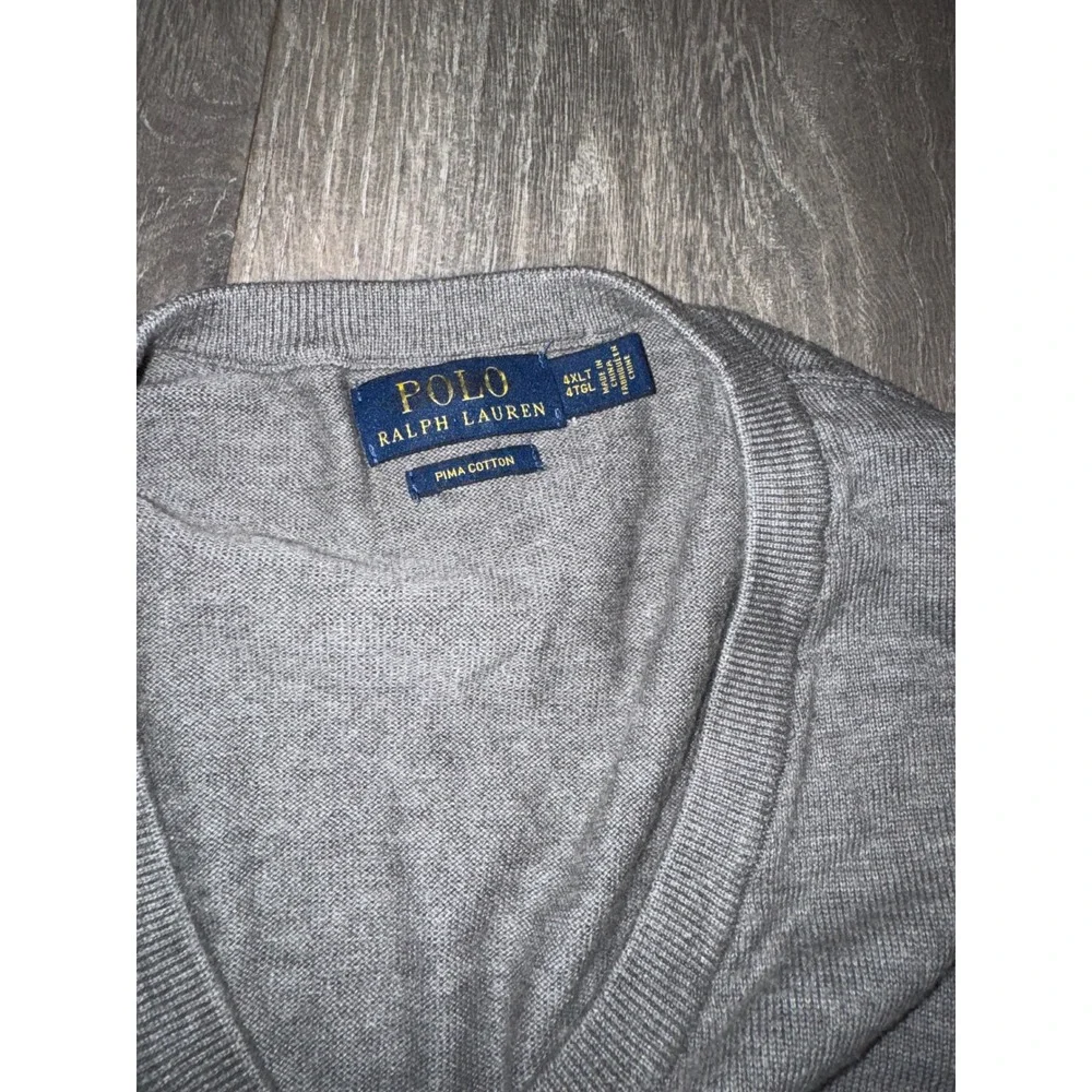 Polo Ralph Lauren Mens 4XLT Grey Pima Cotton V-Neck Sweater Big & Tall Logo